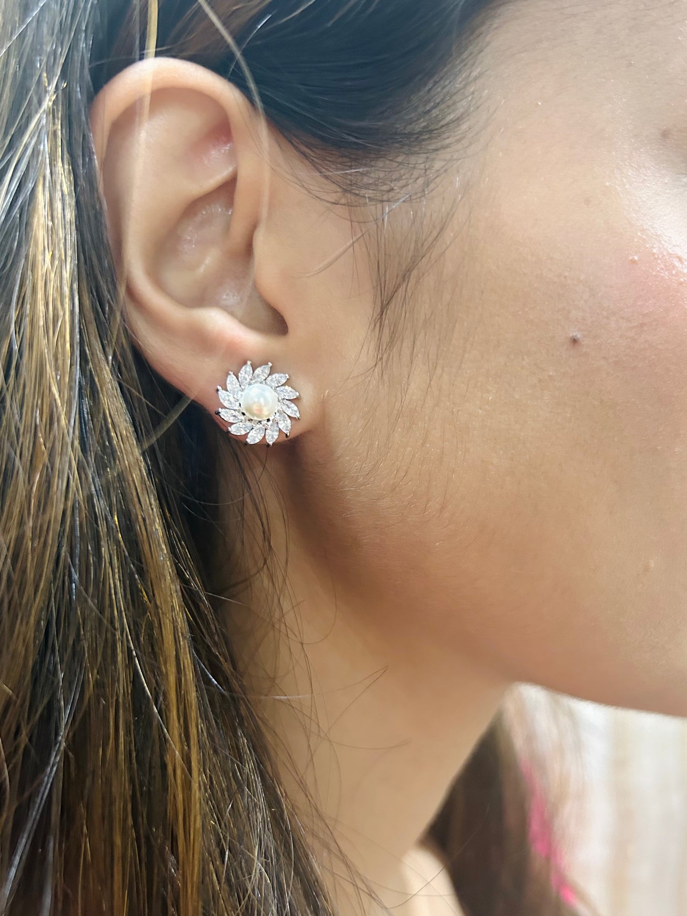 Lustrous Pearl Studs with Diamond Accents