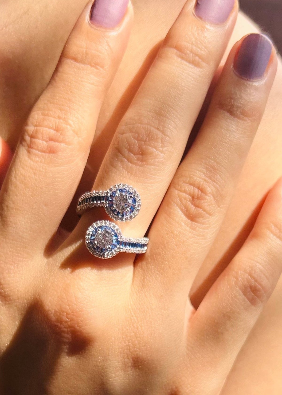 Sapphire Glow Diamond Adjustable Ring with Blue Baguettes