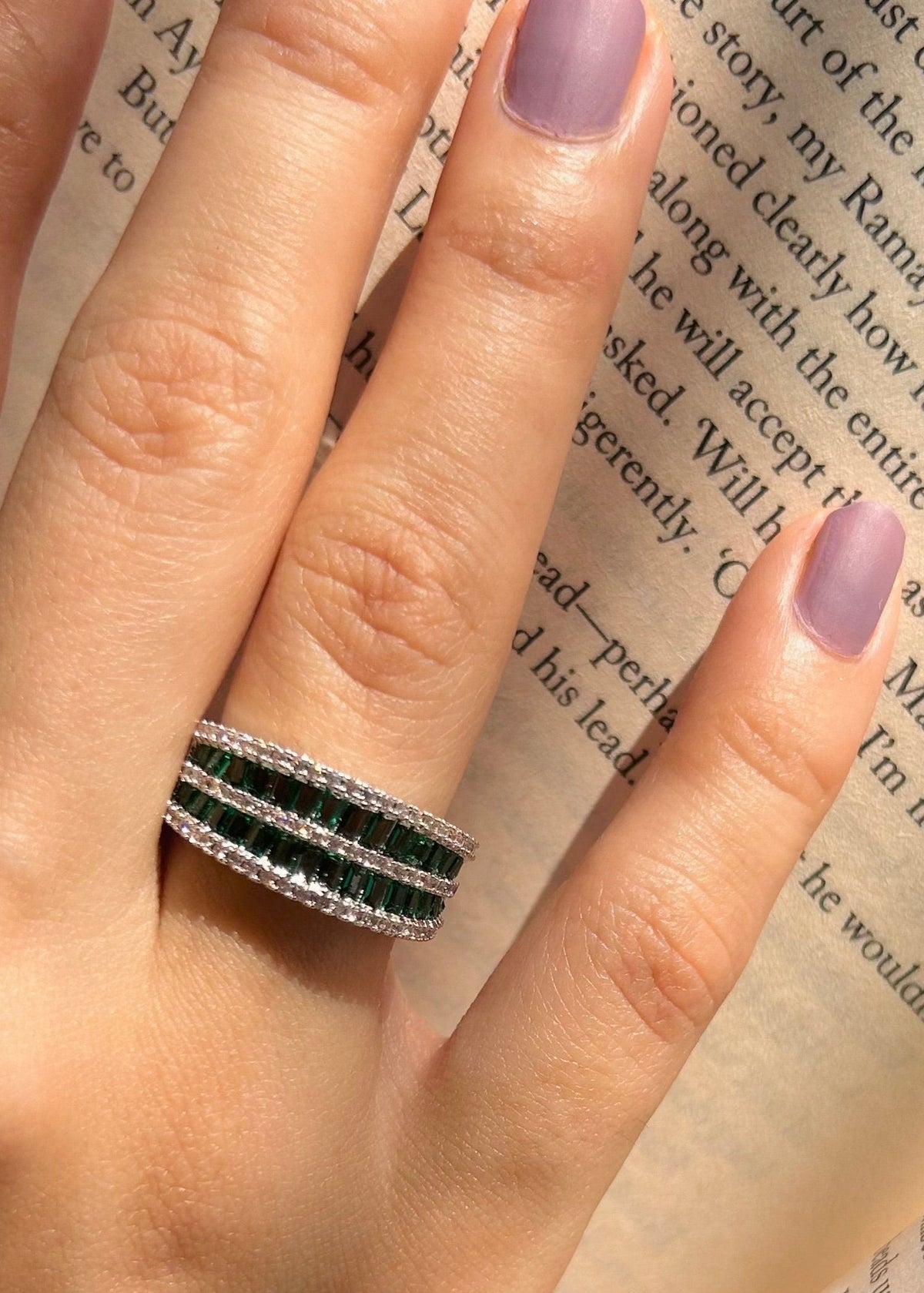 The Evergreen Duo: Green and Diamond Baguette Ring