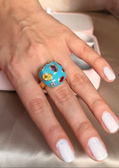 "Adjustable Multicolor Designer Ring with Blue Enamel"