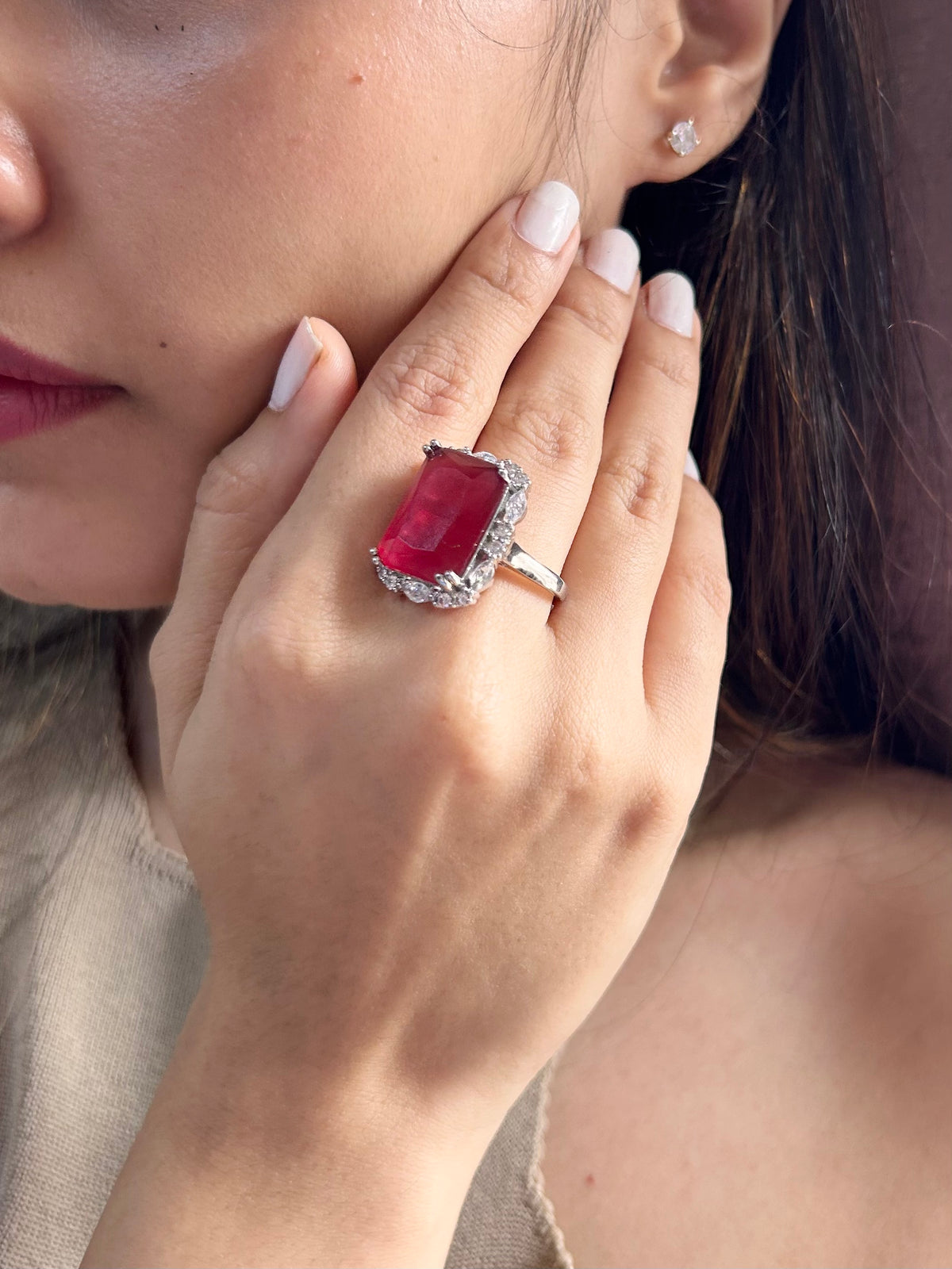 "Elegance in Red: Discover the Timeless Beauty of Our Hydro Color Stone Ring."