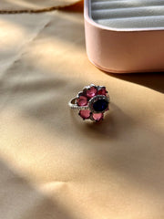 Elegant Red & Blue Gem Cocktail Ring