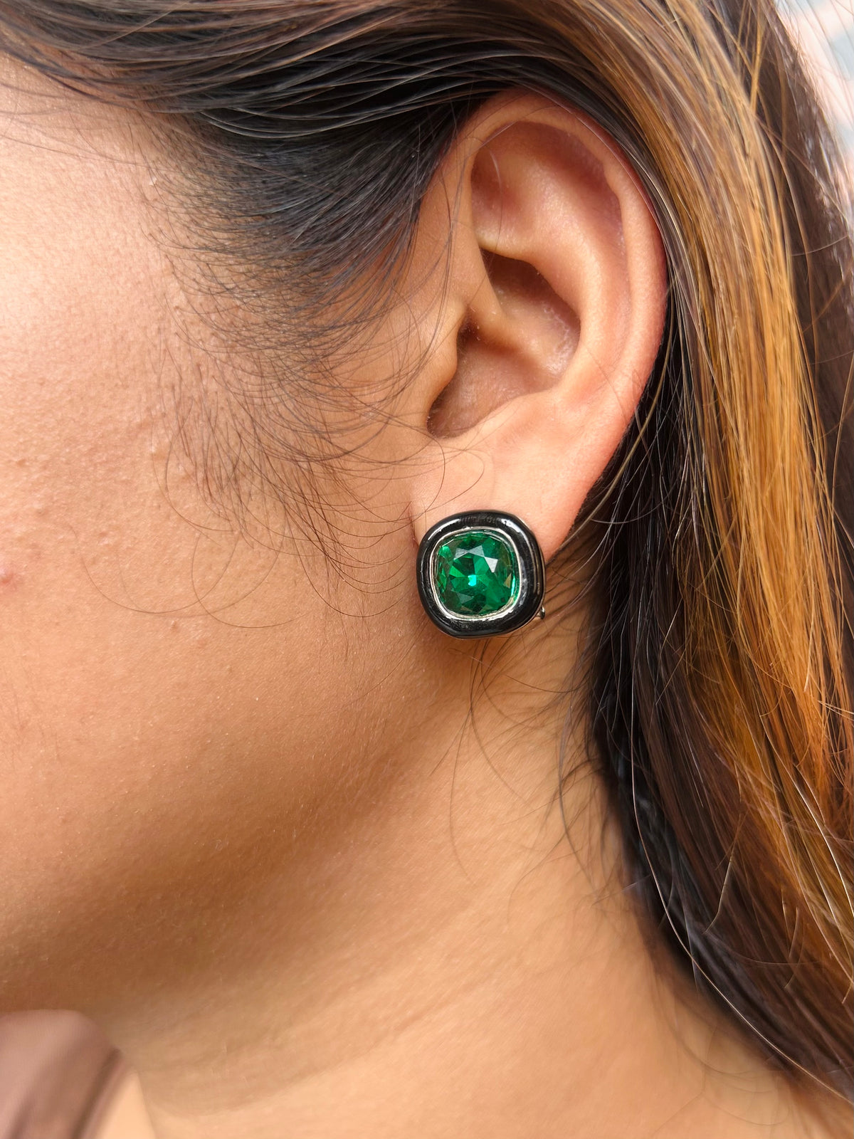 Forest Glow: Black Enamel & Green Colorstone Studs