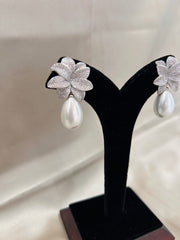 Floral Grace: Diamond Flower Earrings with Pearl Drops